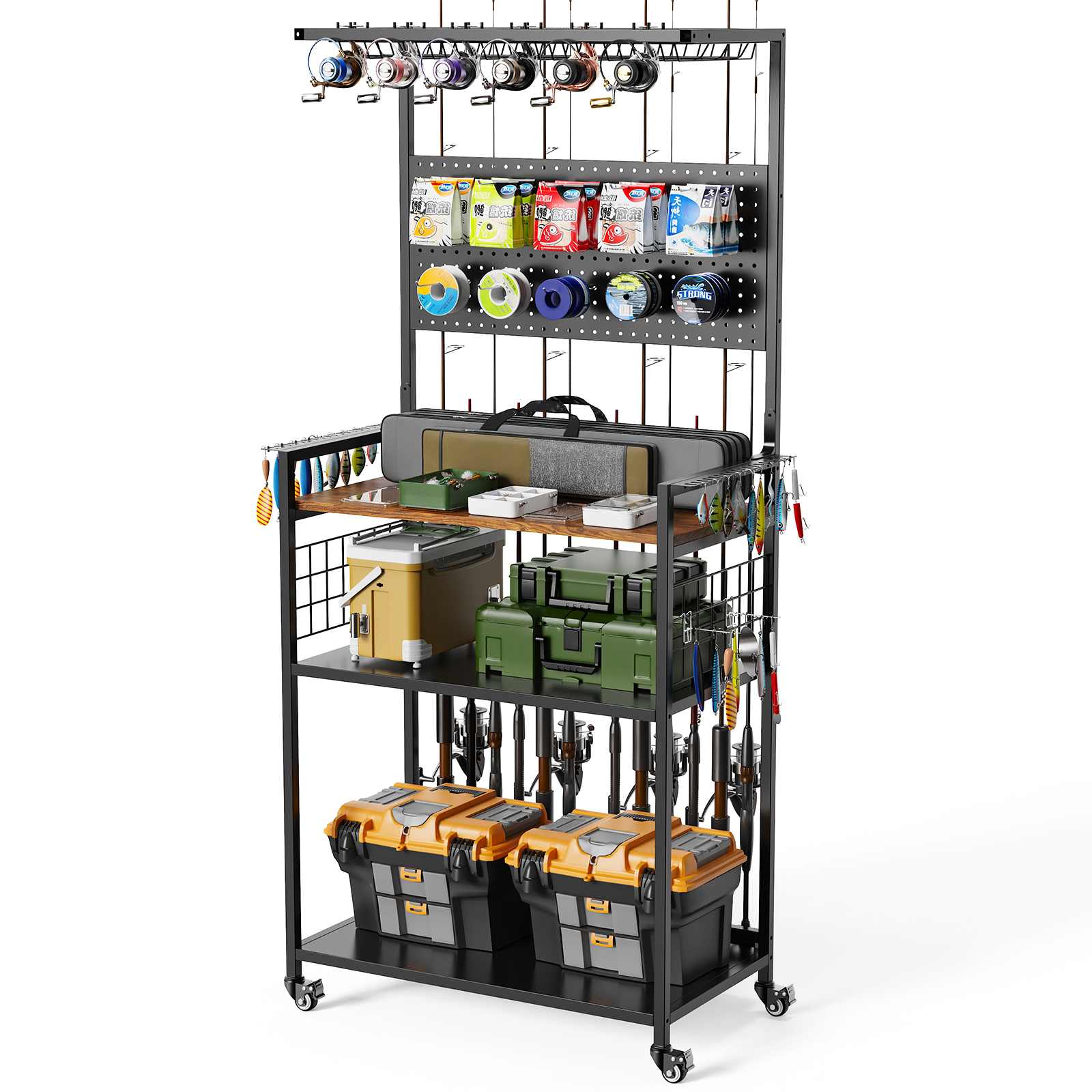 Fishing Rod Storage Rack With Pegboard, Rolling Tackle Organizer Cart, Multi-Tier Fishing Gear Stand For Rods, Reels, Tackle Boxes & Bags, Heavy Duty Metal Holders With Lockable Wheels photo 1