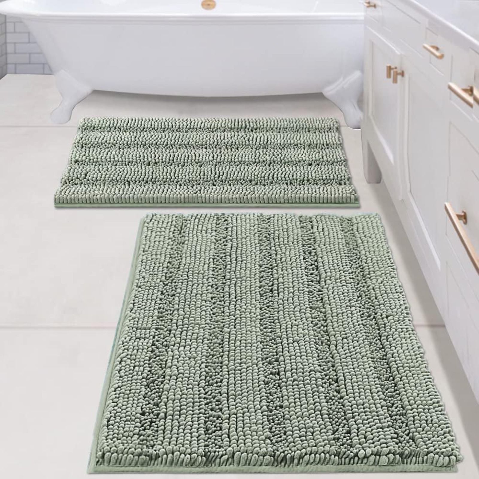 2-piece Set Of Sage Green Bath Mats, Machine-washable Bathroom Mat Set (81 X 51 Cm + 61 X 43 Cm) photo 1
