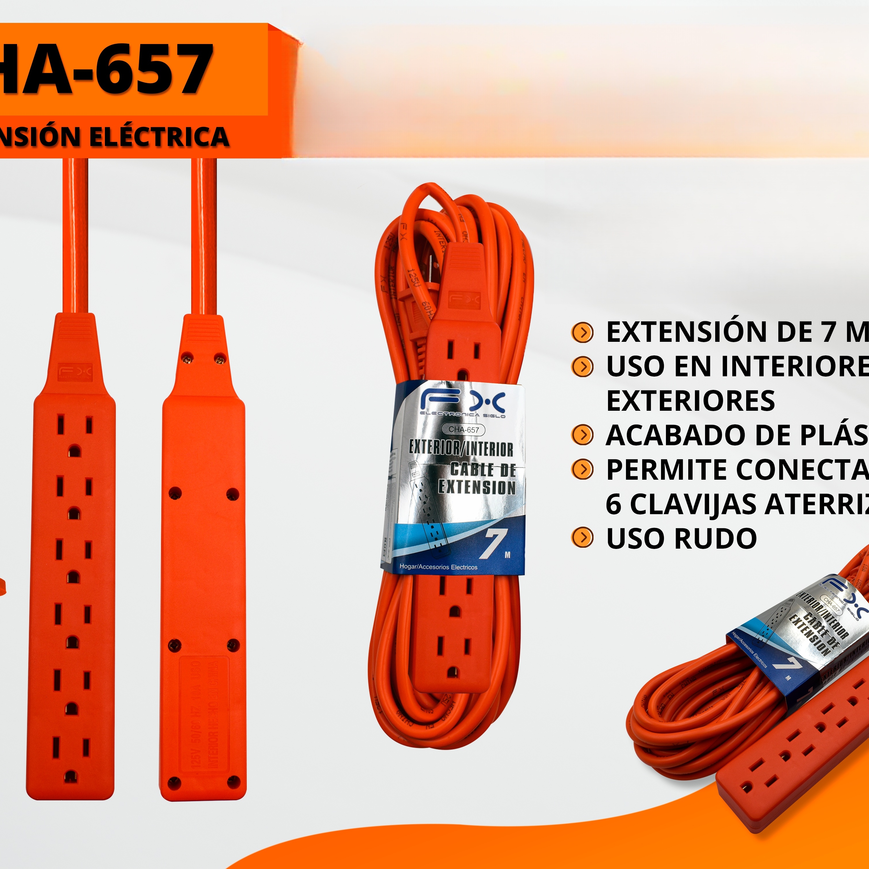 Power Extension Cord 6-outlet Grounded Indoor/outdoor Home Use 7m Orange photo 1