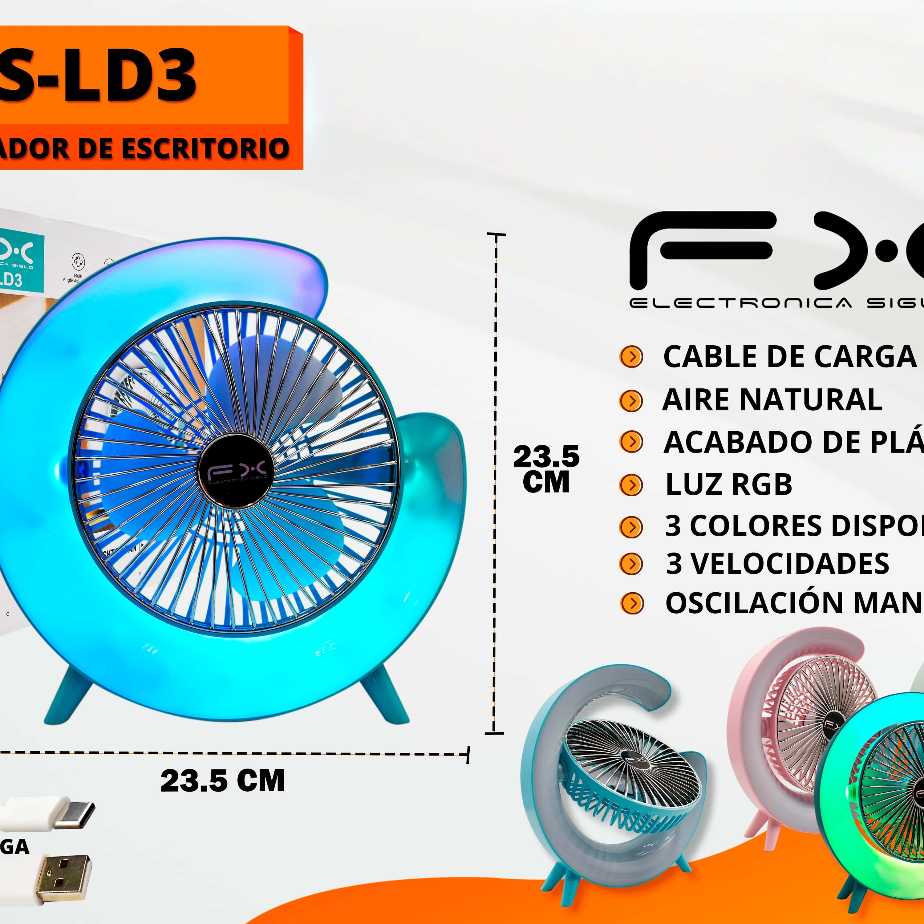 White Usb Rechargeable Desktop Fan With Rgb Lighting, 3 Speed Settings, 23.5cm - Ideal For Home Use photo 2