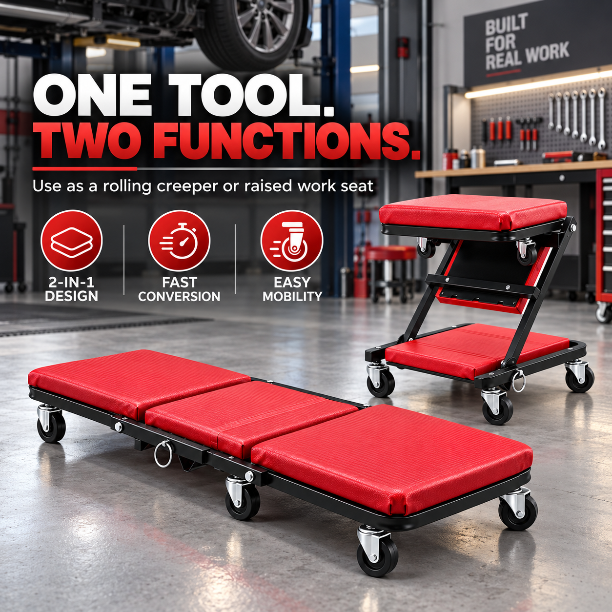 2 In 1 Mechanic Creeper Seat, Convertible Rolling Garage Creeper & Work Stool, Padded Car Repair Seat With Steel Frame And Swivel Castors photo 5