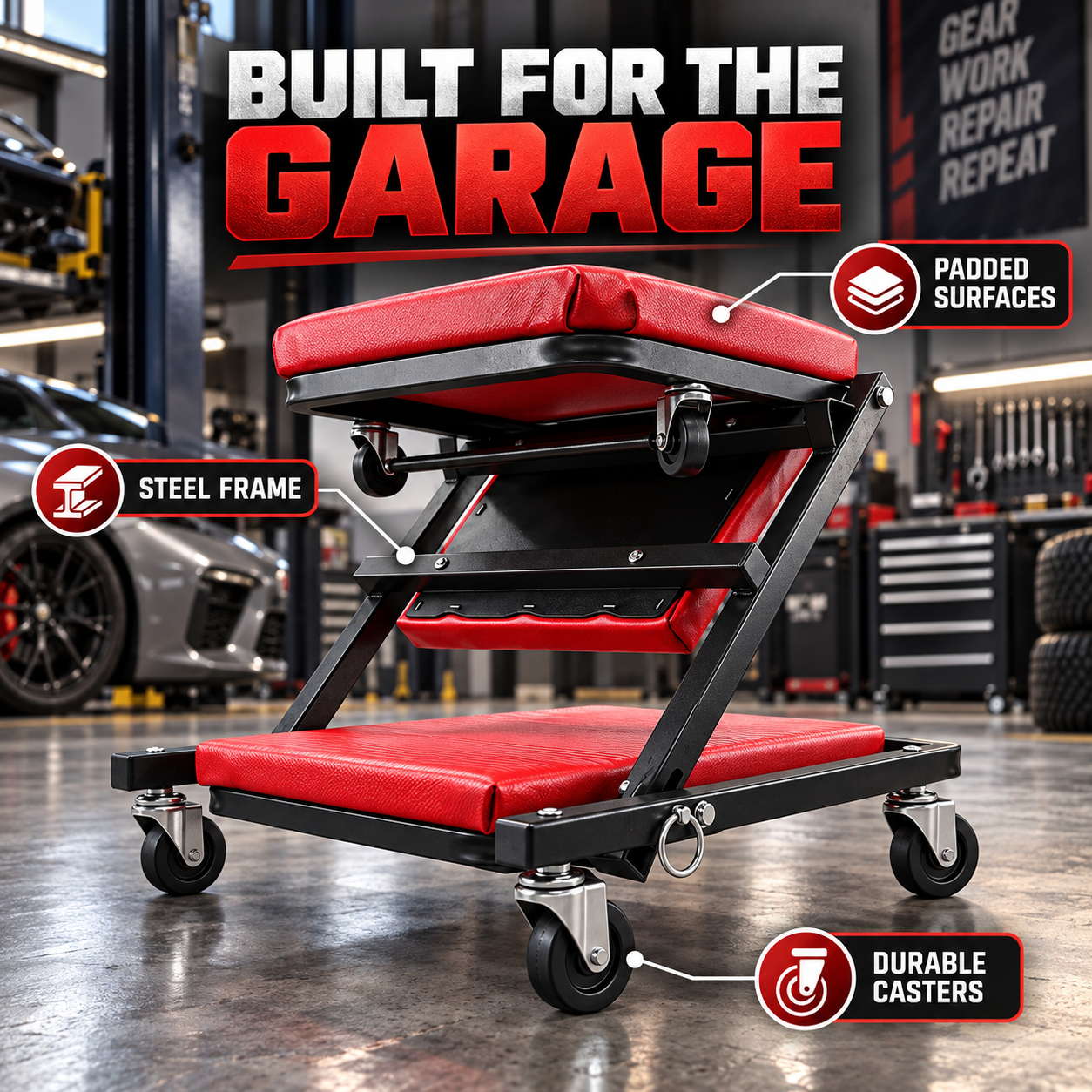 2 In 1 Mechanic Creeper Seat, Convertible Rolling Garage Creeper & Work Stool, Padded Car Repair Seat With Steel Frame And Swivel Castors photo 4