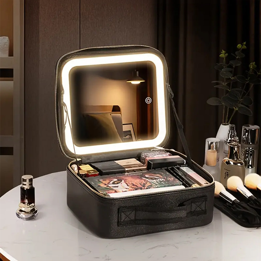 LED Makeup Organizer Case With Lighted Mirror And Adjustable Compartments photo 2