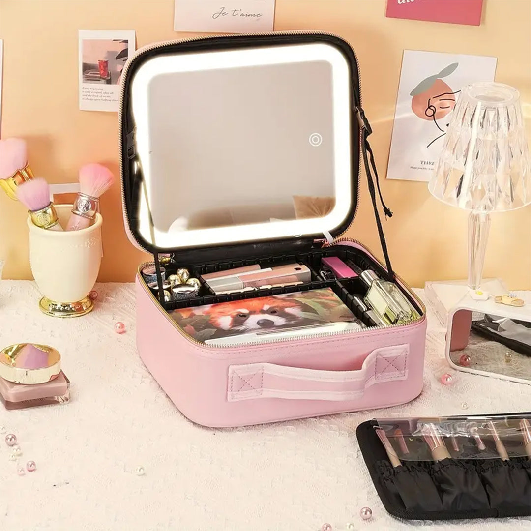 LED Makeup Organizer Case With Lighted Mirror And Adjustable Compartments photo 1