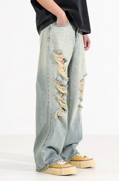 Heavy Ripped Jeans Men Light Wash Baggy Wide Leg Denim Pants Vintage Streetwear Ships From USA photo 5