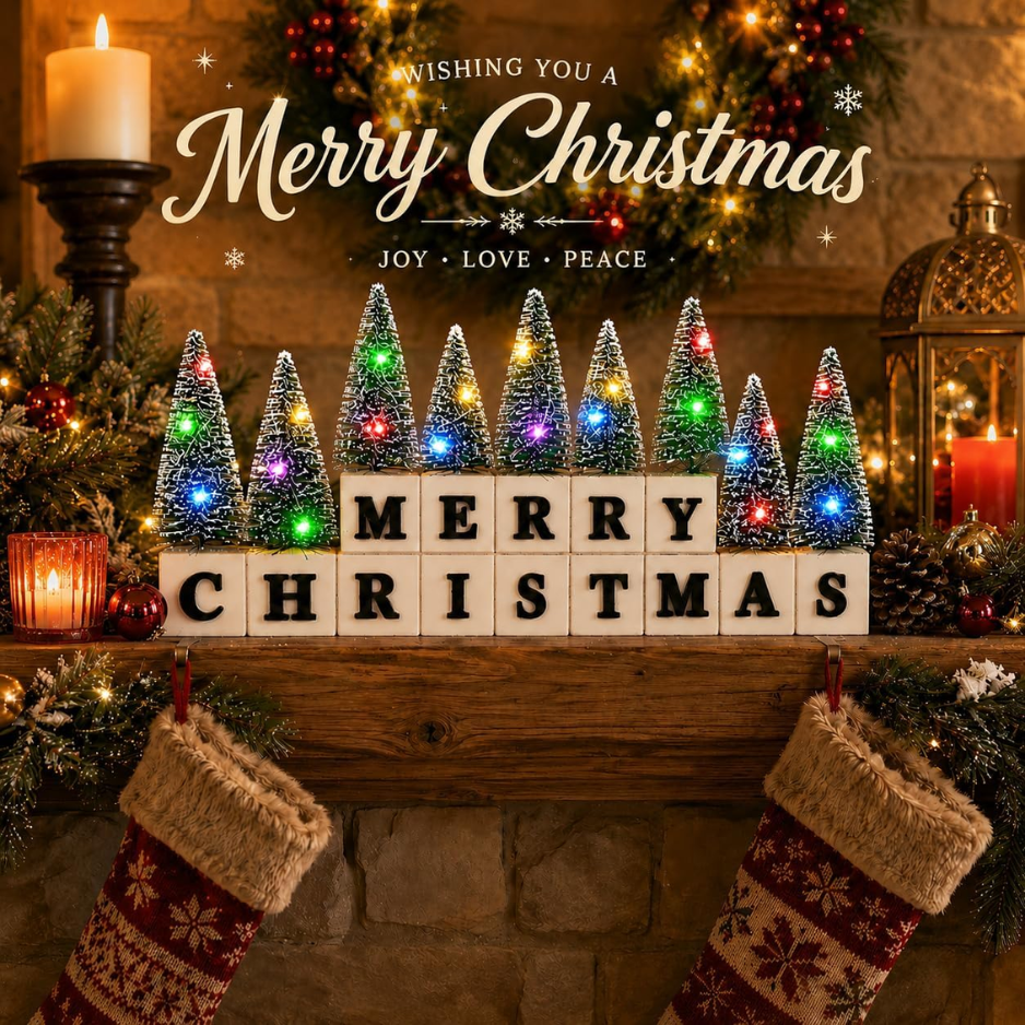 Christmas Table Decor With Multicolor Lighted Mini Trees And 3D Letters Wooden Christmas Sign For Mantel, Shelf, Fireplace, Entryway, Rustic Farmhouse photo 1