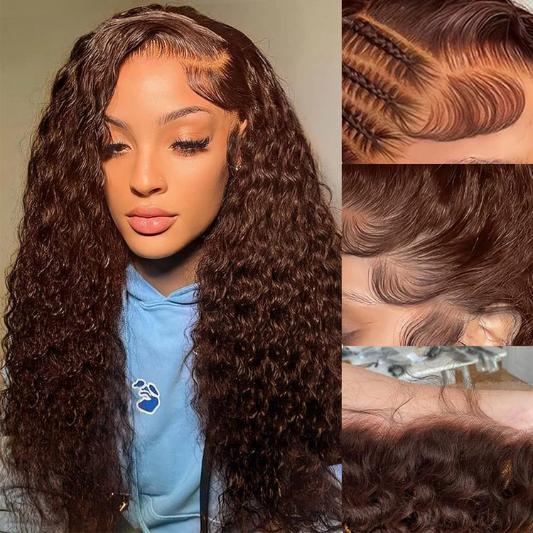4x4 Lace Water Wave Human Hair Wig, Brown, Density photo 1