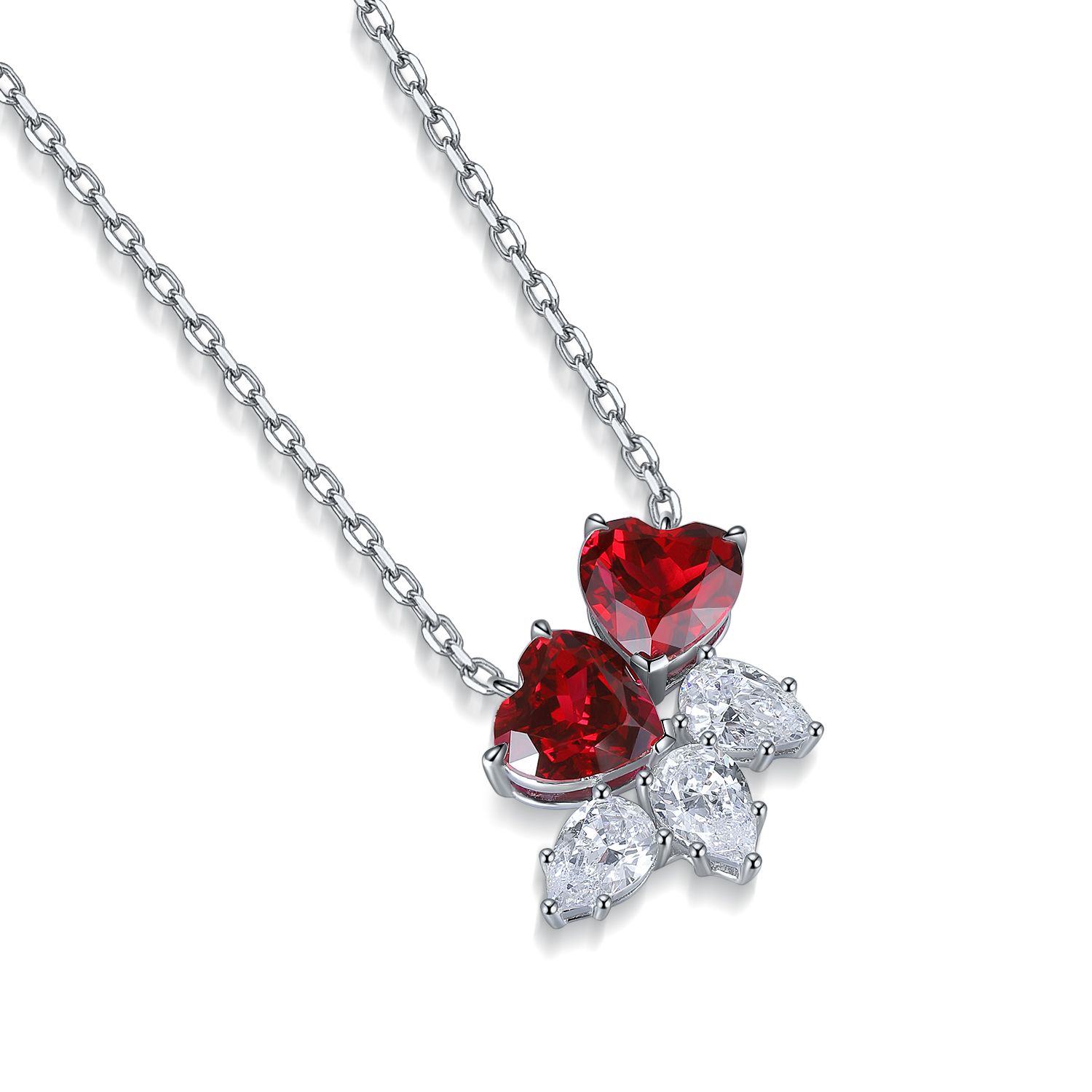 S925 Silver 4.1g Double Heart Lab-Created Gemstone Necklace, 7mm Pendant, 4 Colors, 40&5cm photo 6