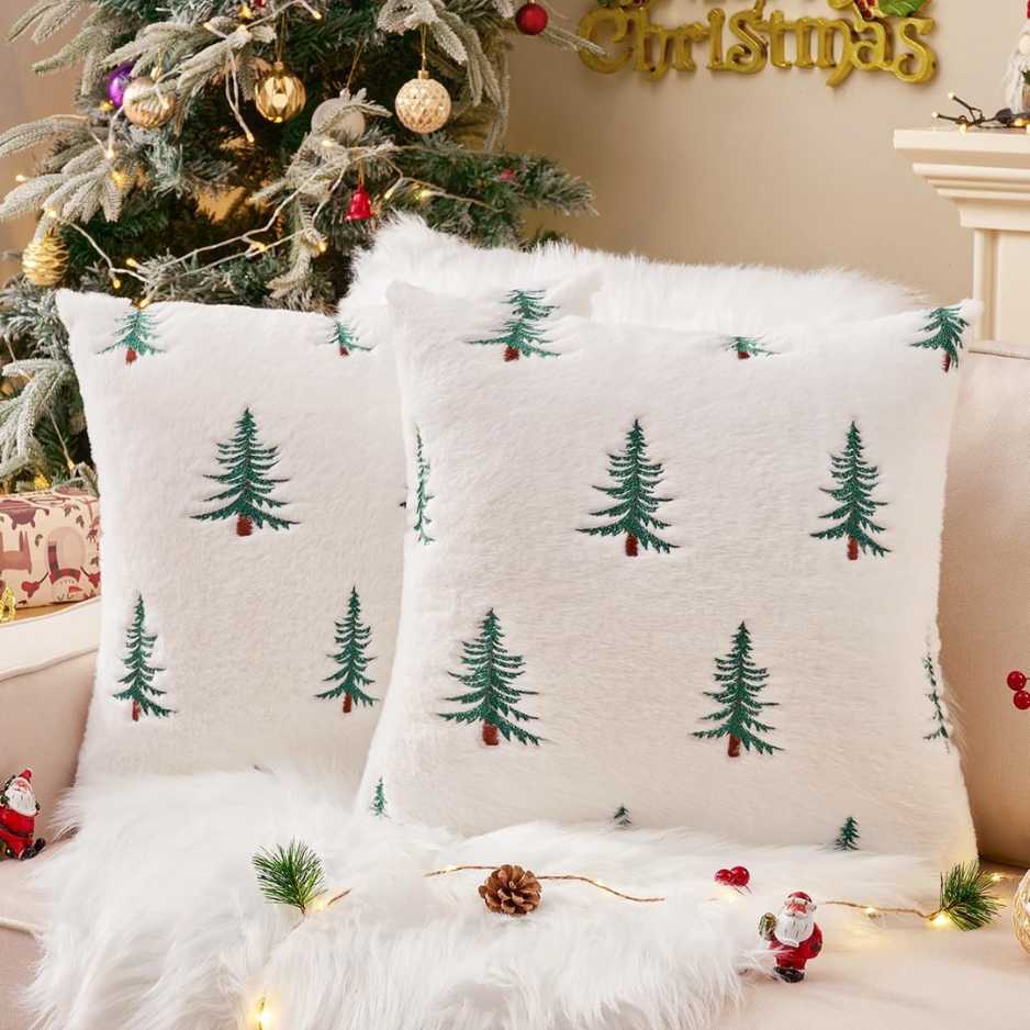 Fluffy Christmas Green Tree Throw Pillow Covers 18x18 Set Of 2 photo 1