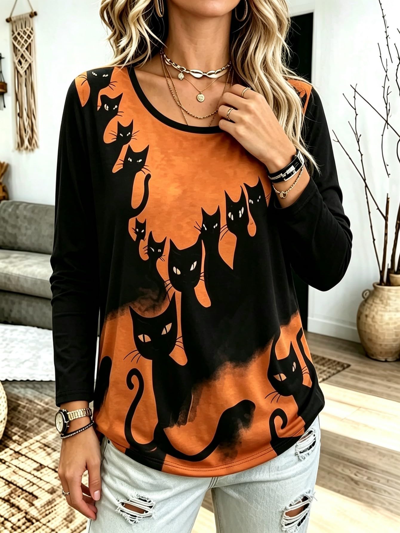 Women Halloween Black Cat Print Long Sleeve T Shirt Scoop Neck Casual Fall Tee Top For Daily Party Wear photo 6
