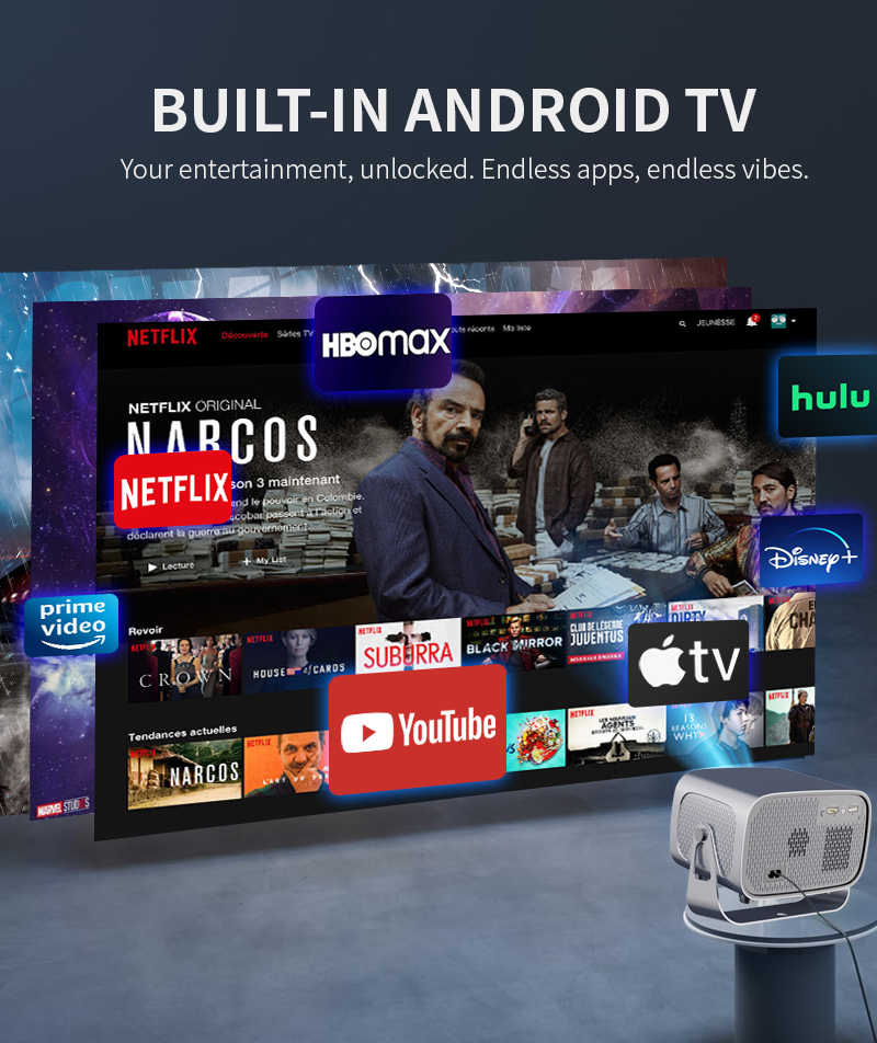 A10 Portable Smart Projector, Native 720P Support 4K Decoding, Android 14 System Auto Focus Auto Keystone Correction, Dual Band WiFi6 Bluetooth 5.4 Home Theater Projector With Rotatable Stand For Home photo 2