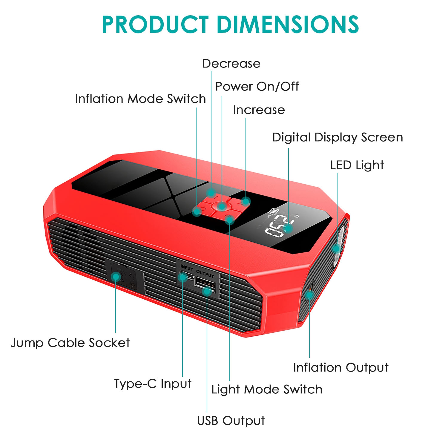 1Pc Portable Car Jump Starter Air Compressor 1500A 400PSI Car Battery Charger Jump Starter Power Bank LED Flashlight Digital Tire Inflator For 4.0L Gasoline Or 2.0L Diesel Engine photo 3