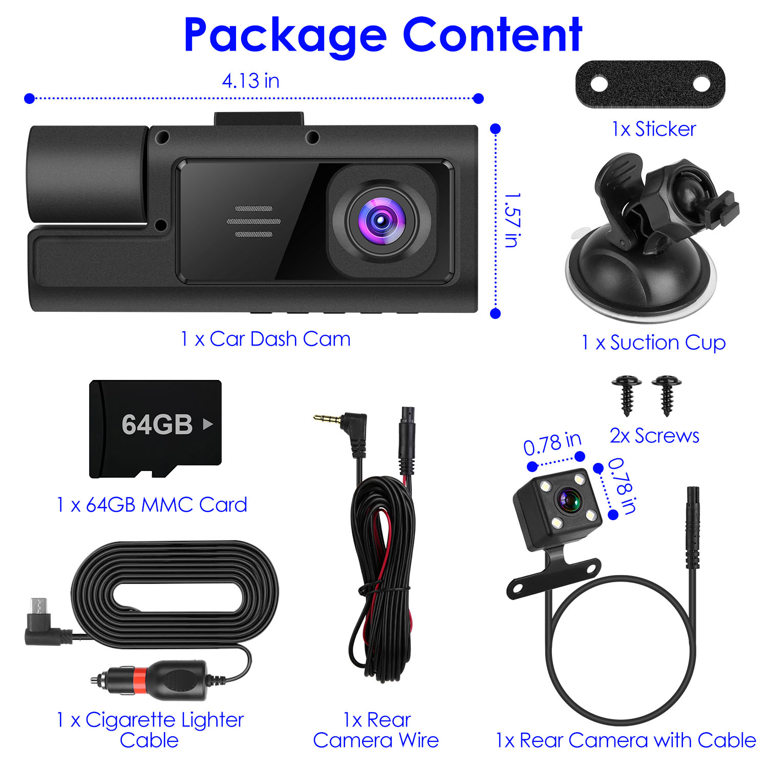 1Pc WiFi FHD 1080P Car Dash Cam 3 Channels Front Rear Inside Dash Camera With Loop Recording Reversing Visual 170 Degree Wide Angle 64G Card Included photo 4