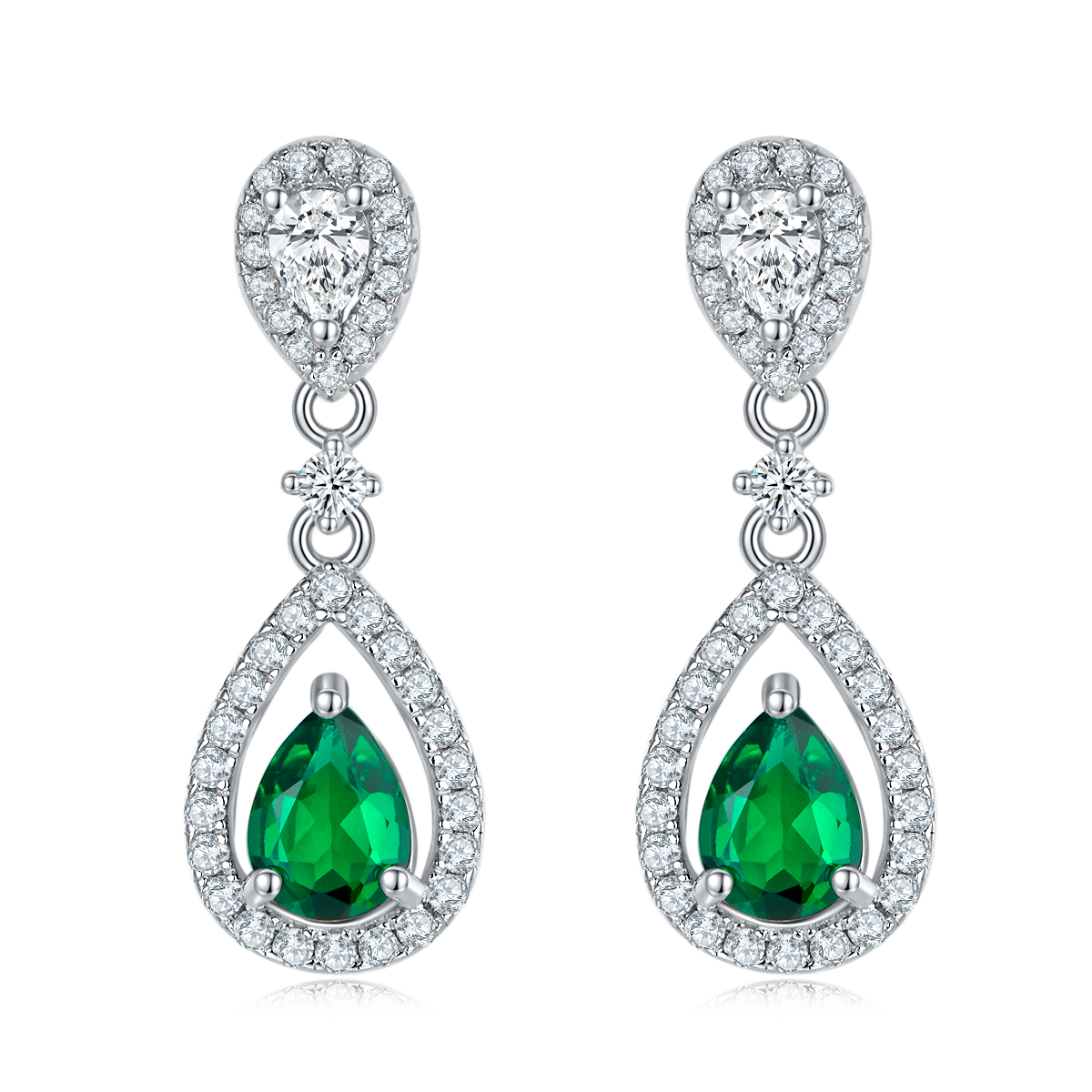 S925 Silver 3.5g Platinum Plated 1.6ct Lab-Created Emerald Drop Earrings, 7x5mm Pear Cut, Pair photo 1