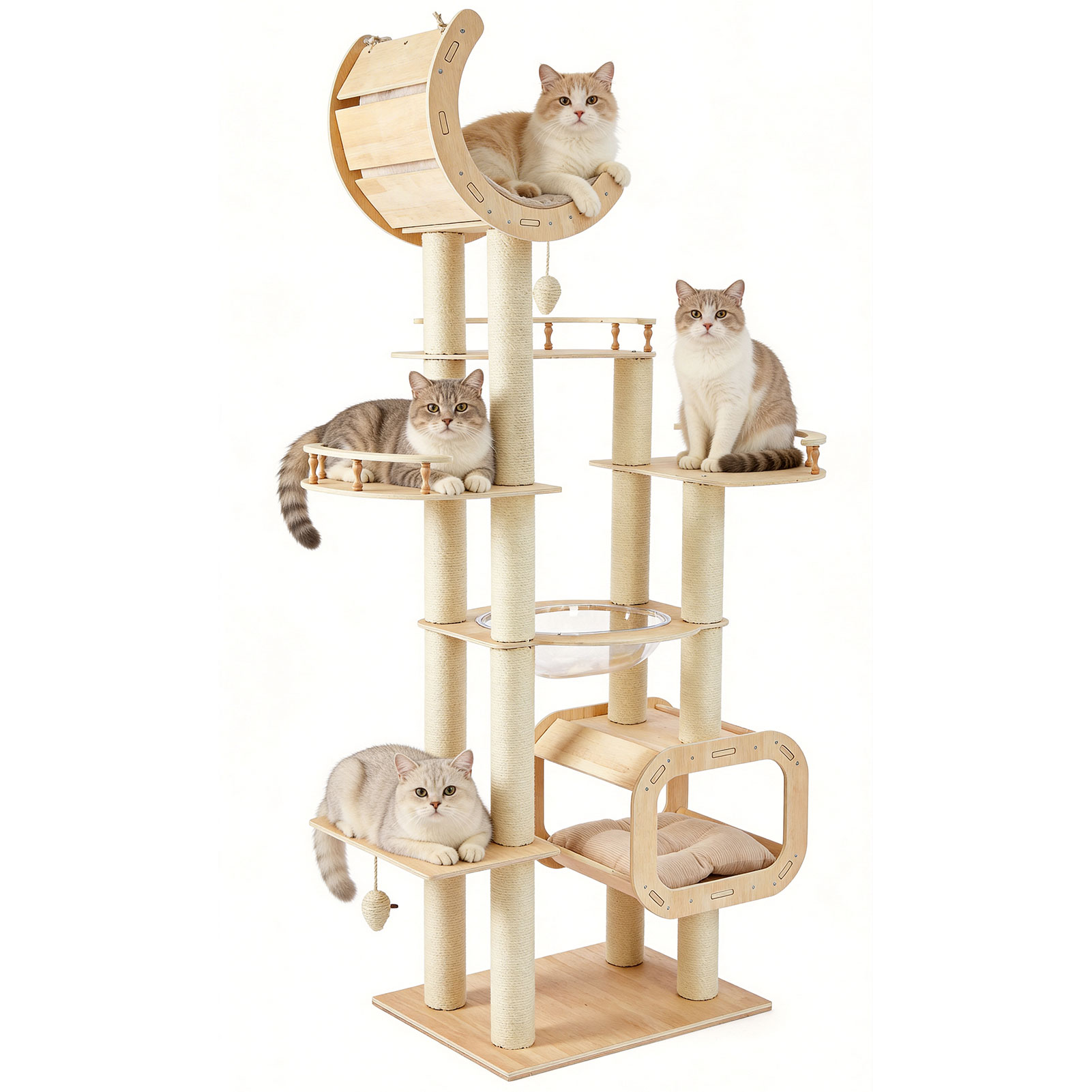 Heavy-Duty No-Drill Large Cat Tree-Solid Wood, 5-Story Multi-Column Cat Tower, 80.4in For Large Spaces & Multi-Cat Households, Open Condo, Space Capsule, Bed, Durable Indoor Pet Furniture photo 2