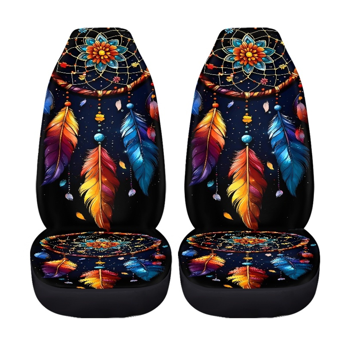 2 Front Car Seat Covers, Digitally Printed With Feather Patterns, Thin, Suitable For All Seasons, Fashionable Car Seat Covers photo 6