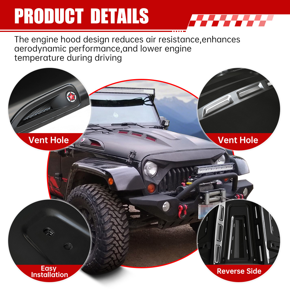 The Avenger Style Replacement Hood Compatible With 2007-2018 J Eep Wrangler JK JKU Unlimited Rubicon Black photo 1