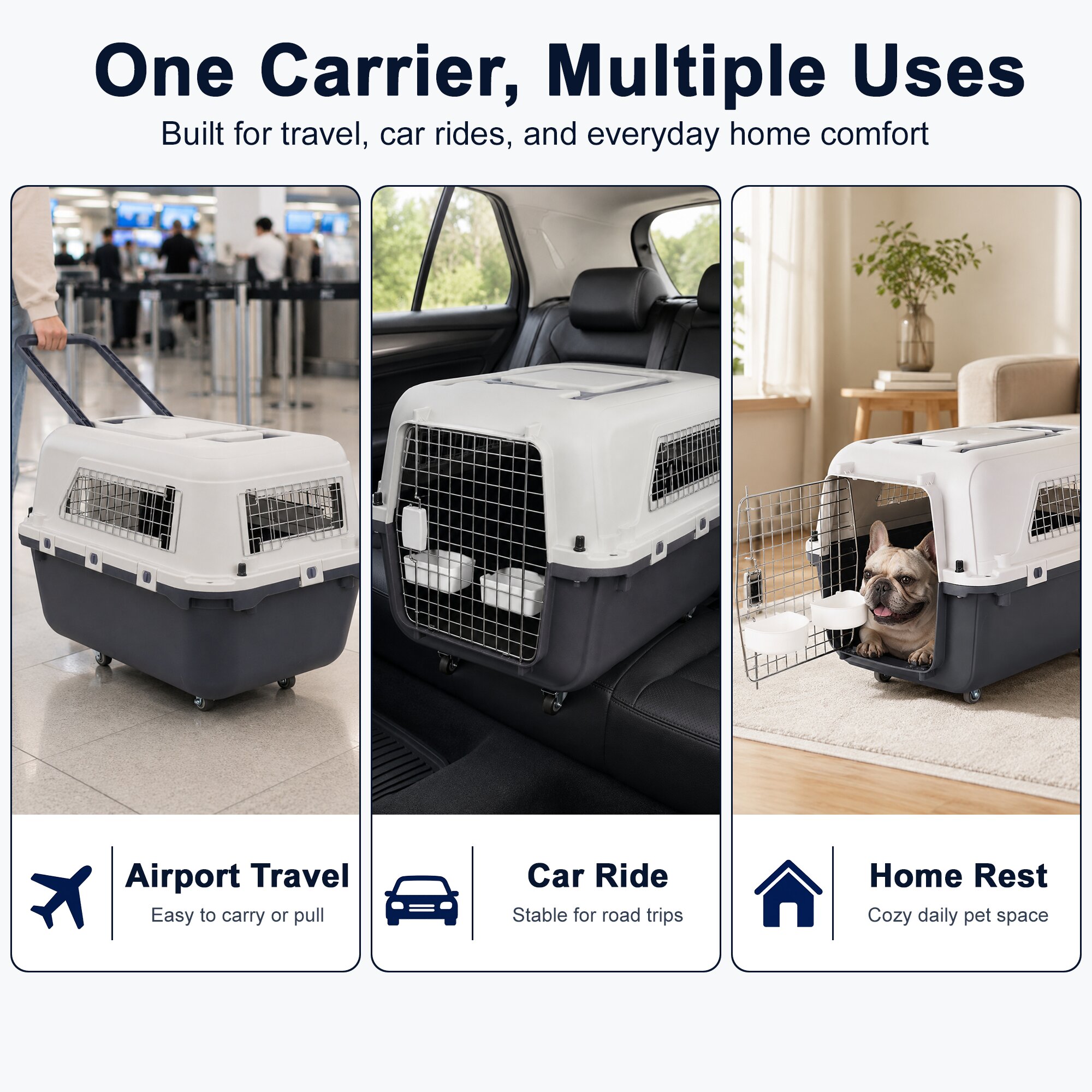 Large Pet Carrier For Cats And Dogs, Travel Crate With Ventilated Metal Door, Dual-Point Locking System, Removable Wheels And Detachable Top, Kennel For Car Travel photo 1