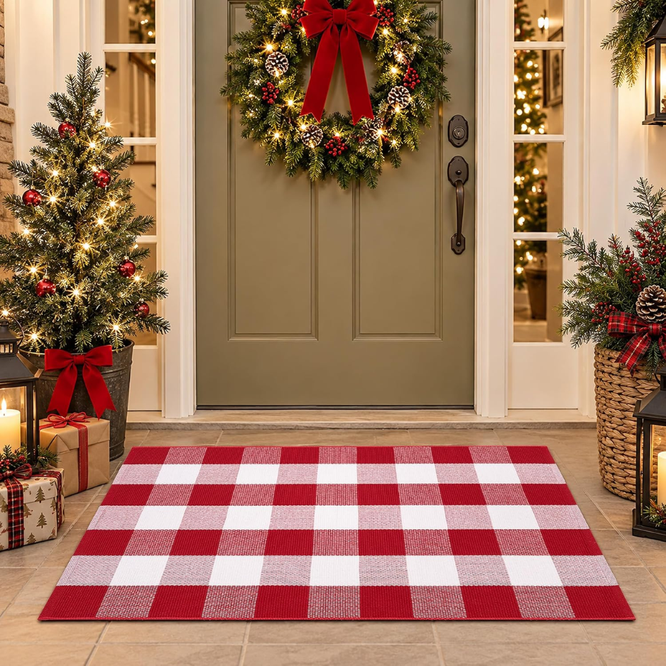 Christmas Red And White Plaid Door Mat, 28 X 43 Inches Cotton Hand-Woven Layered Entry Mat For Front Porch, Entryway, Outdoor Holiday Decor, Washable photo 1