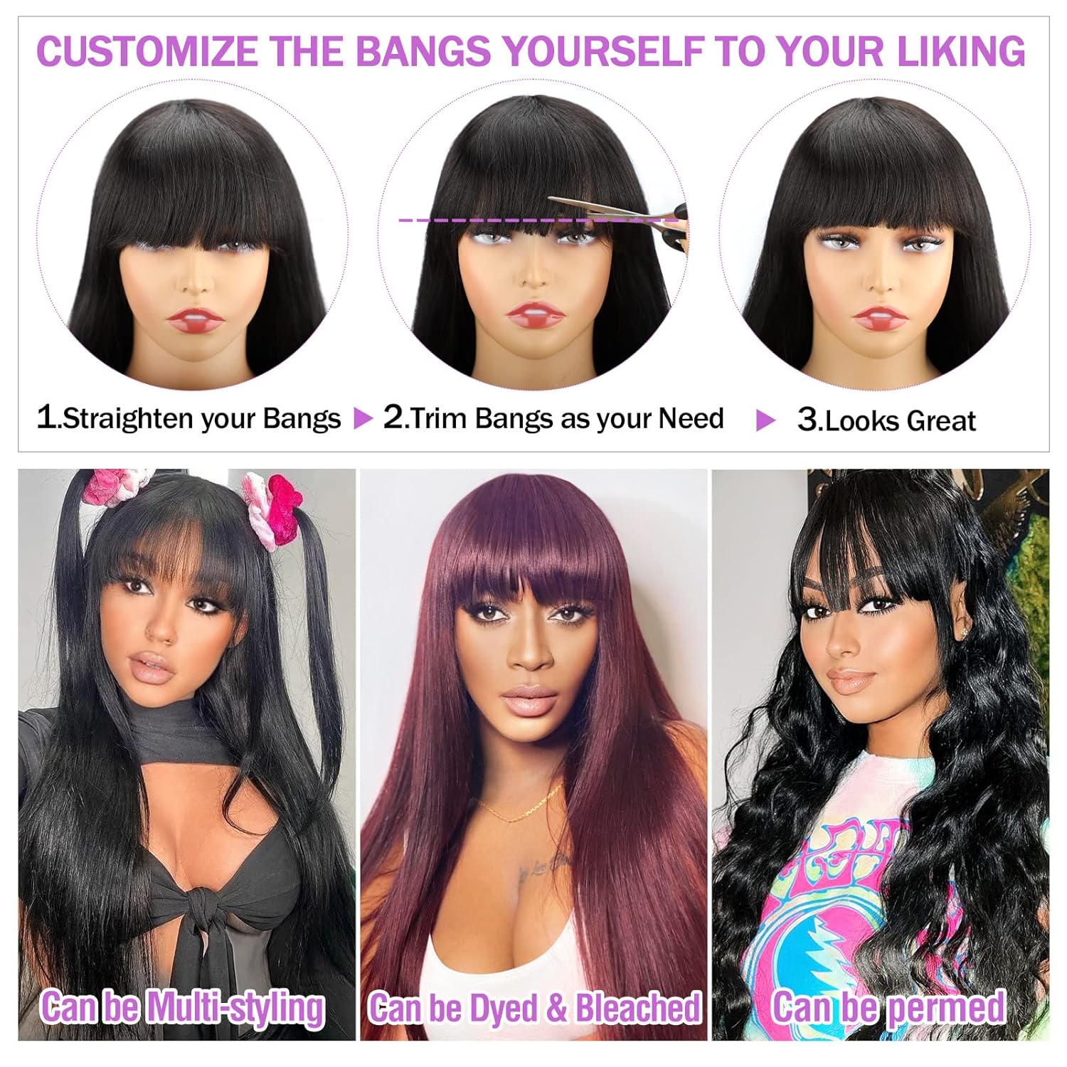 Machine-made Straight Human Hair Wig With Bangs, Natural Color, Density. photo 3