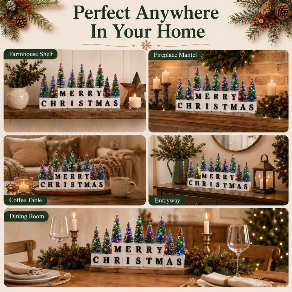Christmas Table Decor With Multicolor Lighted Mini Trees And 3D Letters Wooden Christmas Sign For Mantel, Shelf, Fireplace, Entryway, Rustic Farmhouse photo 2