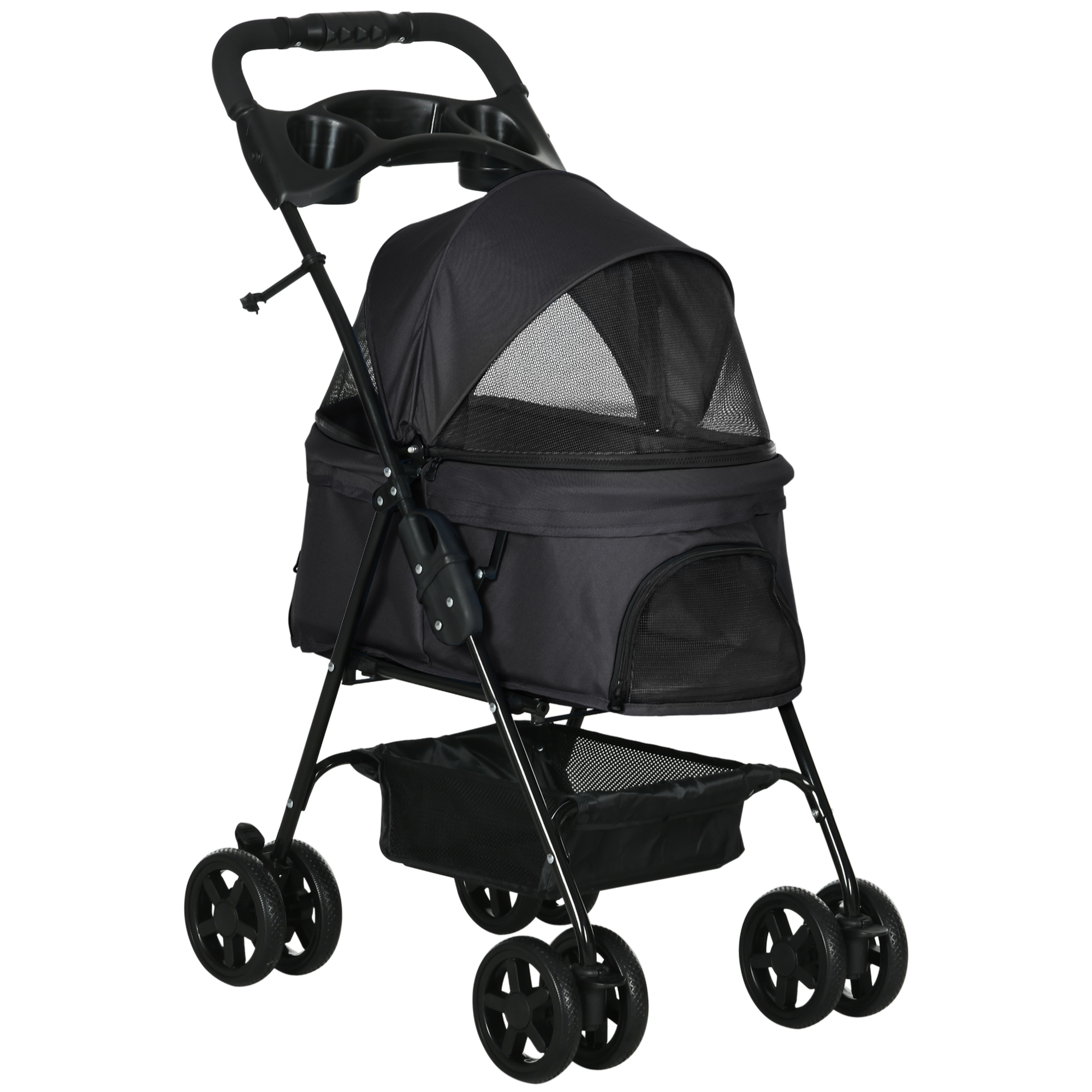 PawHut Dog Pram Dog Stroller Foldable Pet Pushchair With 4 Wheels, Safety Leashes, Cup Holder For Small Dogs, Black photo 2