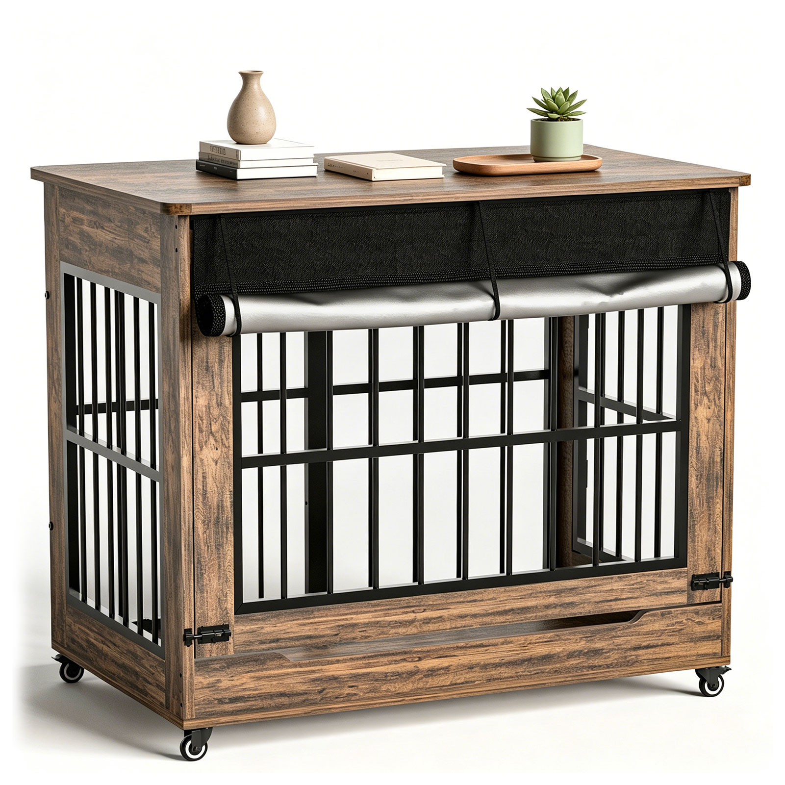46in Large Dog Crate Furniture, Double Door Wooden Indoor Dog Kennel Furniture, Decorative Pet Cage End Table With Wheels For Extra Large Breed Dogs, Size 2XL, Greige photo 3