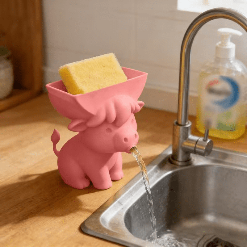 Cute Cow Sponge Holder, Kitchen Sink Organizer With Drain Spout, Animal Shaped Sponge Storage Rack For Countertop photo 2
