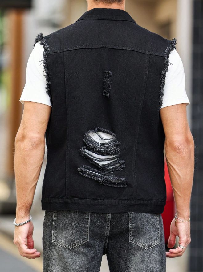 Black Distressed Denim Vest Men Ripped Frayed Sleeveless Jean Jacket Streetwear US Warehouse photo 2