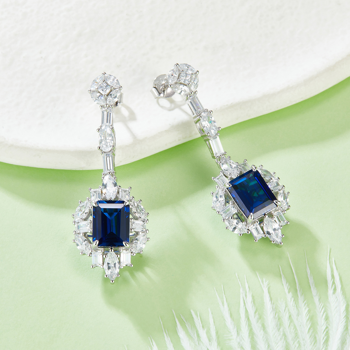 S925 Silver 8.7g Lab-Created Sapphire Drop Earrings, 5.55ct 9x7mm Emerald Cut, Pair photo 2