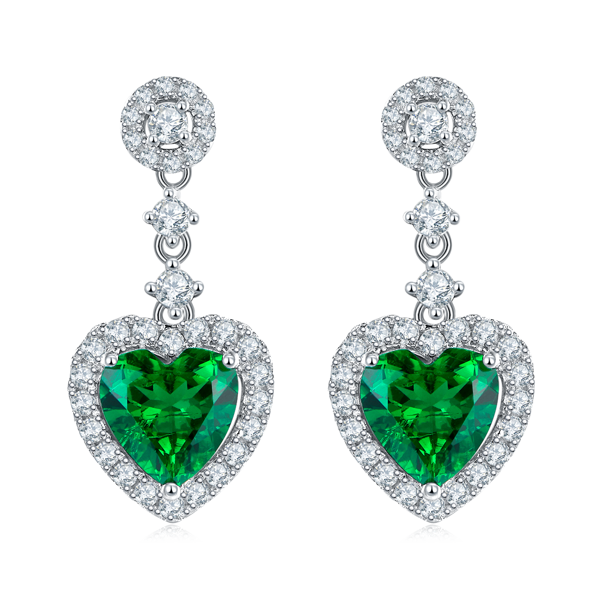 S925 Silver 3.5g Lab-Created Emerald Heart Drop Earrings, 1.38ct 7mm Halo, Pair photo 1