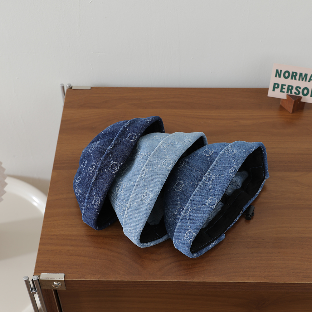 Full-pattern Jacquard Teddy Bear Children's Denim Cowboy Hat, Washed And Distressed Rolled Brim Straw Hat, Outdoor Travel Hat photo 5