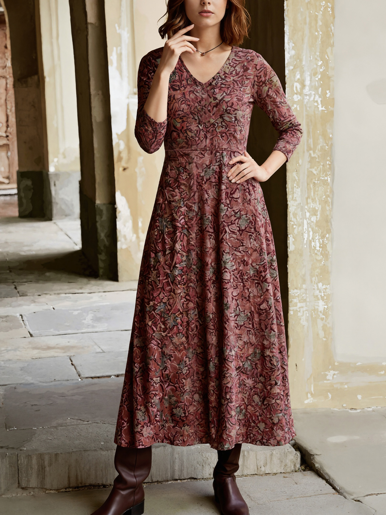 Women's Vintage Floral Print Maxi Dress V Neck Long Sleeve Casual Long Dress With Pockets For Holiday Daily photo 5