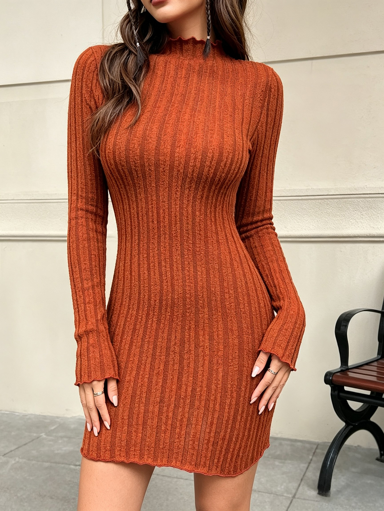 Women's Knit Long Sleeve Sweater Dress Lettuce Trim Mock Neck Tunic Dress photo 1