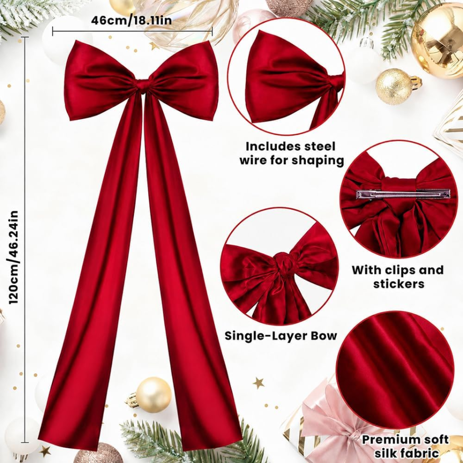 Large Wine Red Satin Christmas Tree Topper Bow, Elegant Holiday Decor photo 5