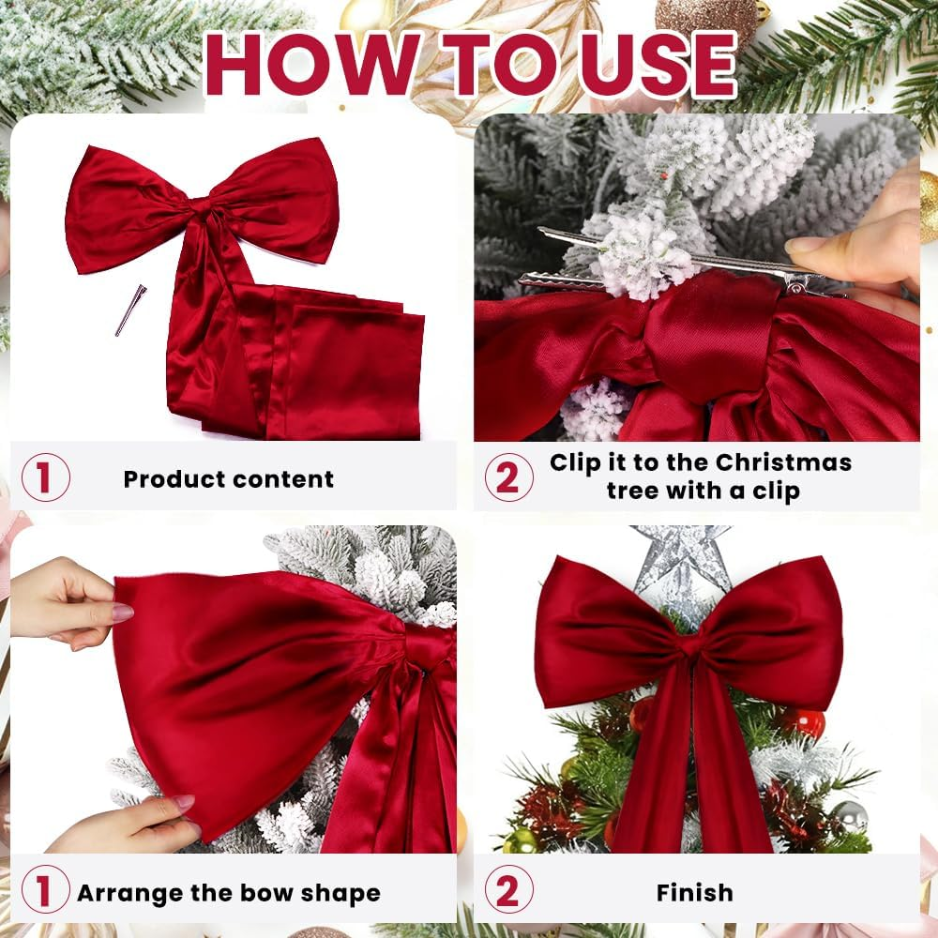 Large Wine Red Satin Christmas Tree Topper Bow, Elegant Holiday Decor photo 4