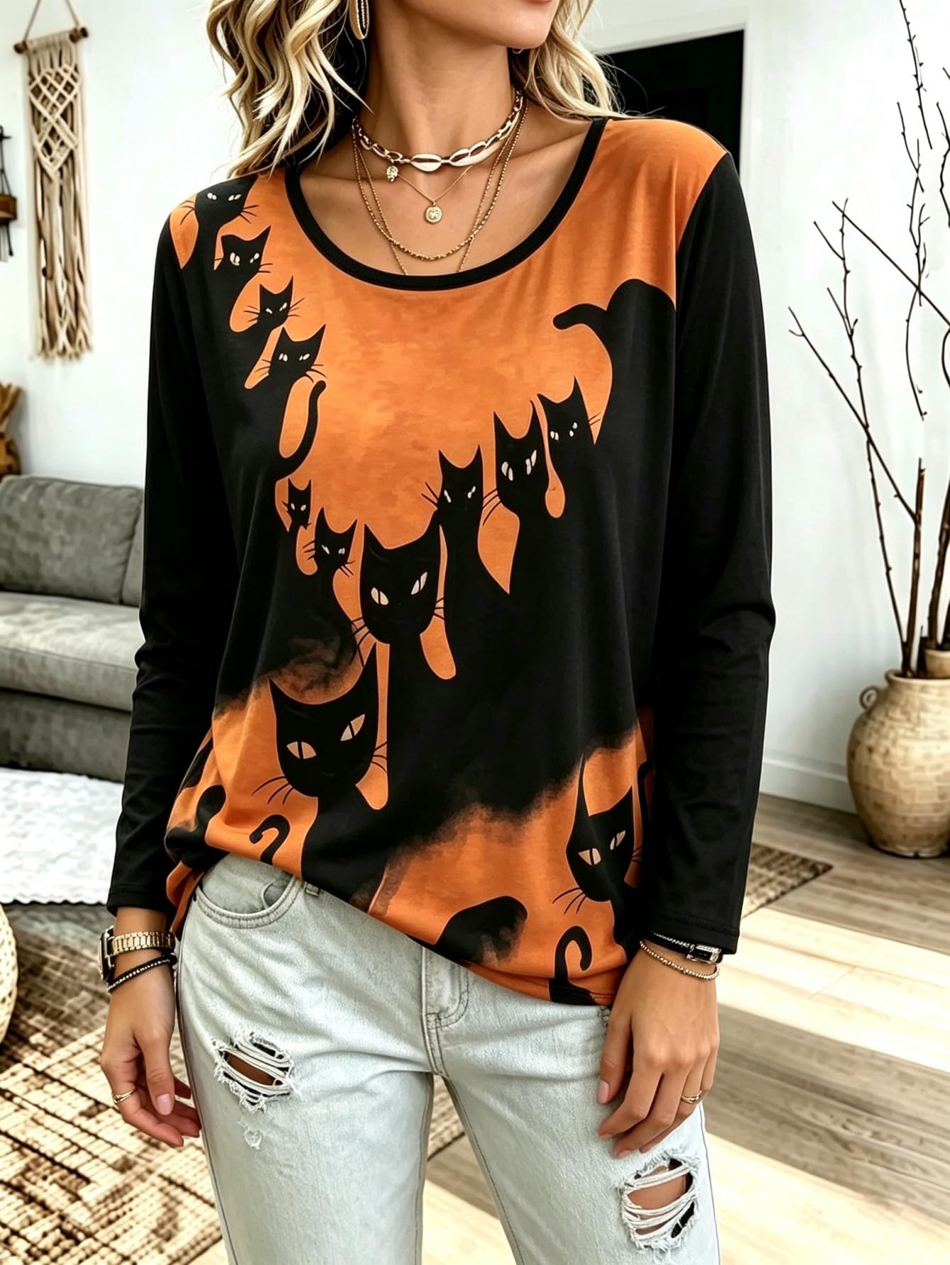 Women Halloween Black Cat Print Long Sleeve T Shirt Scoop Neck Casual Fall Tee Top For Daily Party Wear photo 5