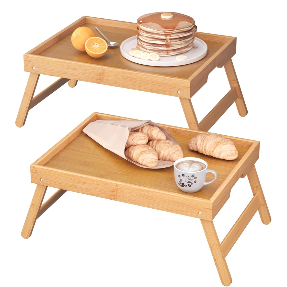Fibogollo 2 Pack Bamboo Bed Tray Table With Folding Legs,Breakfast Trays,Serving Tray For Food And Snack,Laptop Trays For Working Natural photo 1