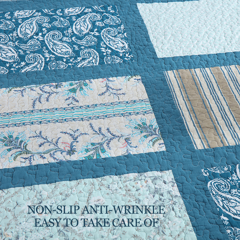 90x98 & 98x106 3 Piece Teal Blue Patchwork Quilt Comforter Set Paisley Floral Stripe Print Handmade Patchwork Quilted Bedspread Cotton Filled Reversible Coverlet Non-Slip Anti-Wrinkle Easy Care photo 8