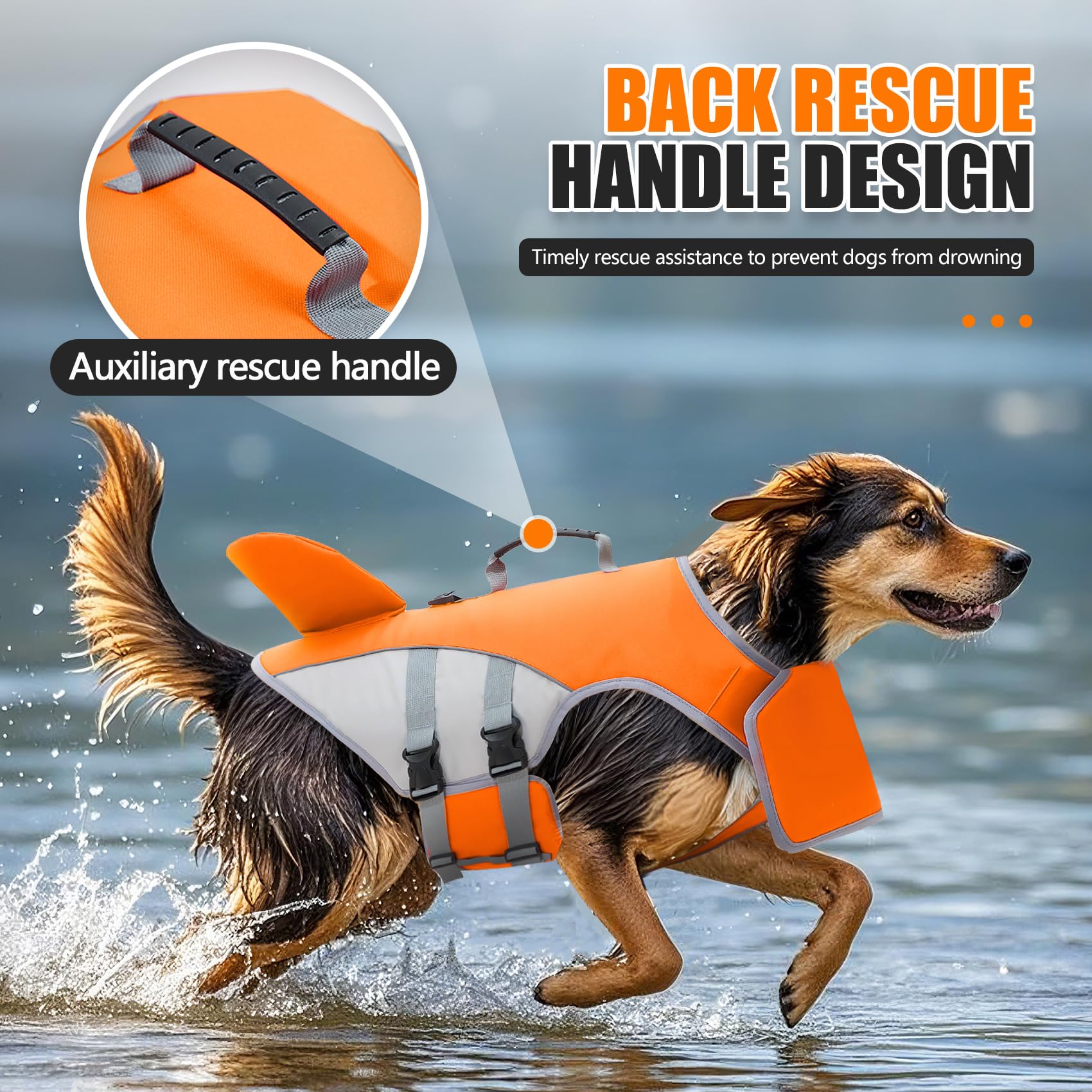 Dog Life Jacket For Small Medium Large Dogs, Shark Pet Life Vest With Rescue Handle & Adjustable Straps, Reflective Dog Flotation Vest For Swimming, Boating, Beach photo 6