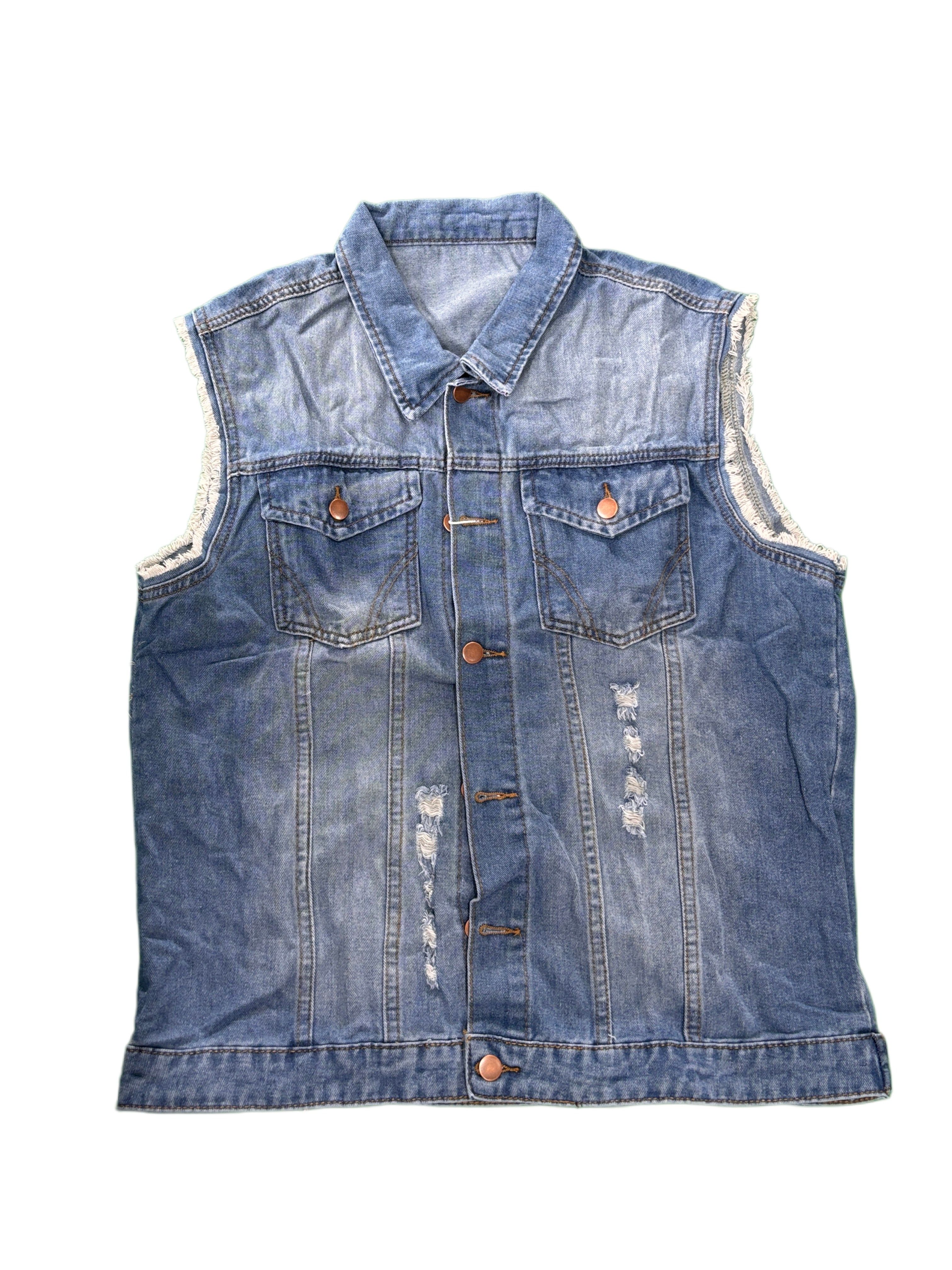 Men's Distressed Denim Vest Light Blue Ripped Frayed Jean Waistcoat Fast US Fulfillment photo 2