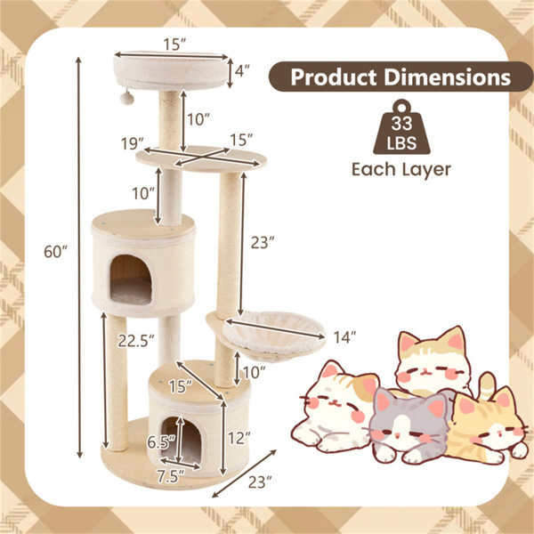 60 Inch Tall Wooden Cat Tree Multi-Level Cat Tower With Sisal Scratching Posts & Condos For Indoor Cats, Natural photo 4