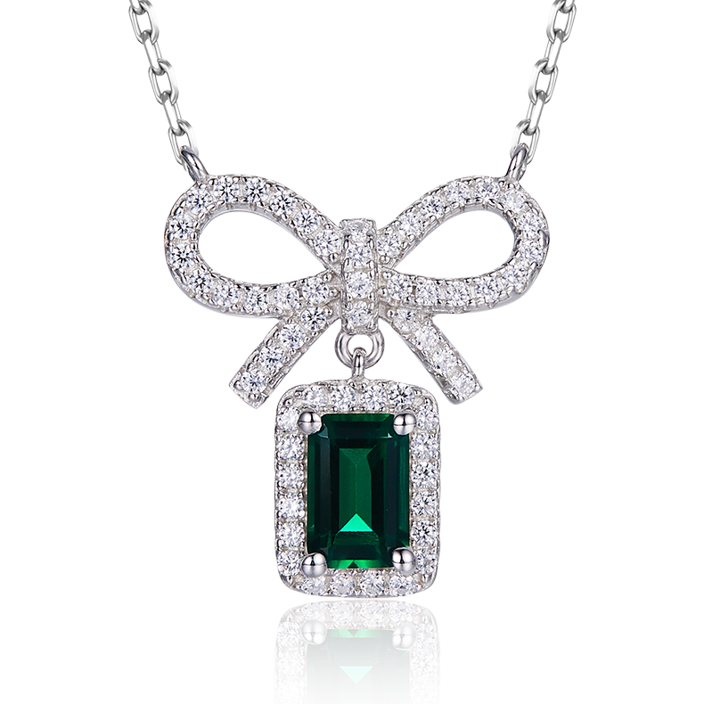 S925 Silver 2.6g Lab-Created Emerald Bow Necklace, 0.5ct Gem, 40&5cm photo 1