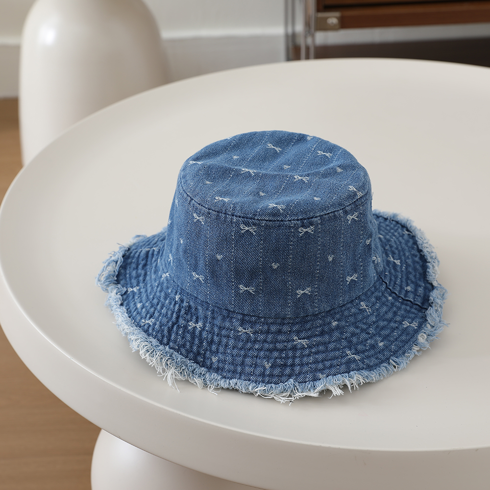 Full-printed Bow-shaped Heart Children's Denim Fisherman Hat, Washed And Distressed Fringed Bucket Hat For Outdoor Travel photo 3