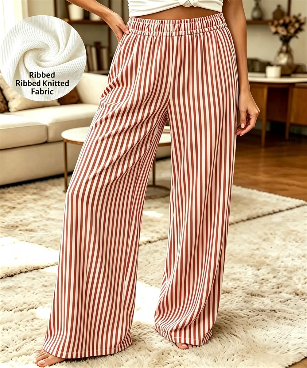 Women's Light Blue White Vertical Stripe Ribbed Knit Wide Leg Pants, Elastic High Waist Casual Trousers With Pockets photo 3