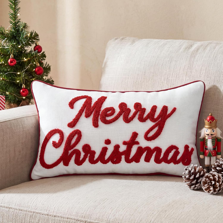 Merry Christmas Embroidered Throw Pillow Cover, Holiday Lumbar Cushion Case For Sofa Couch photo 1