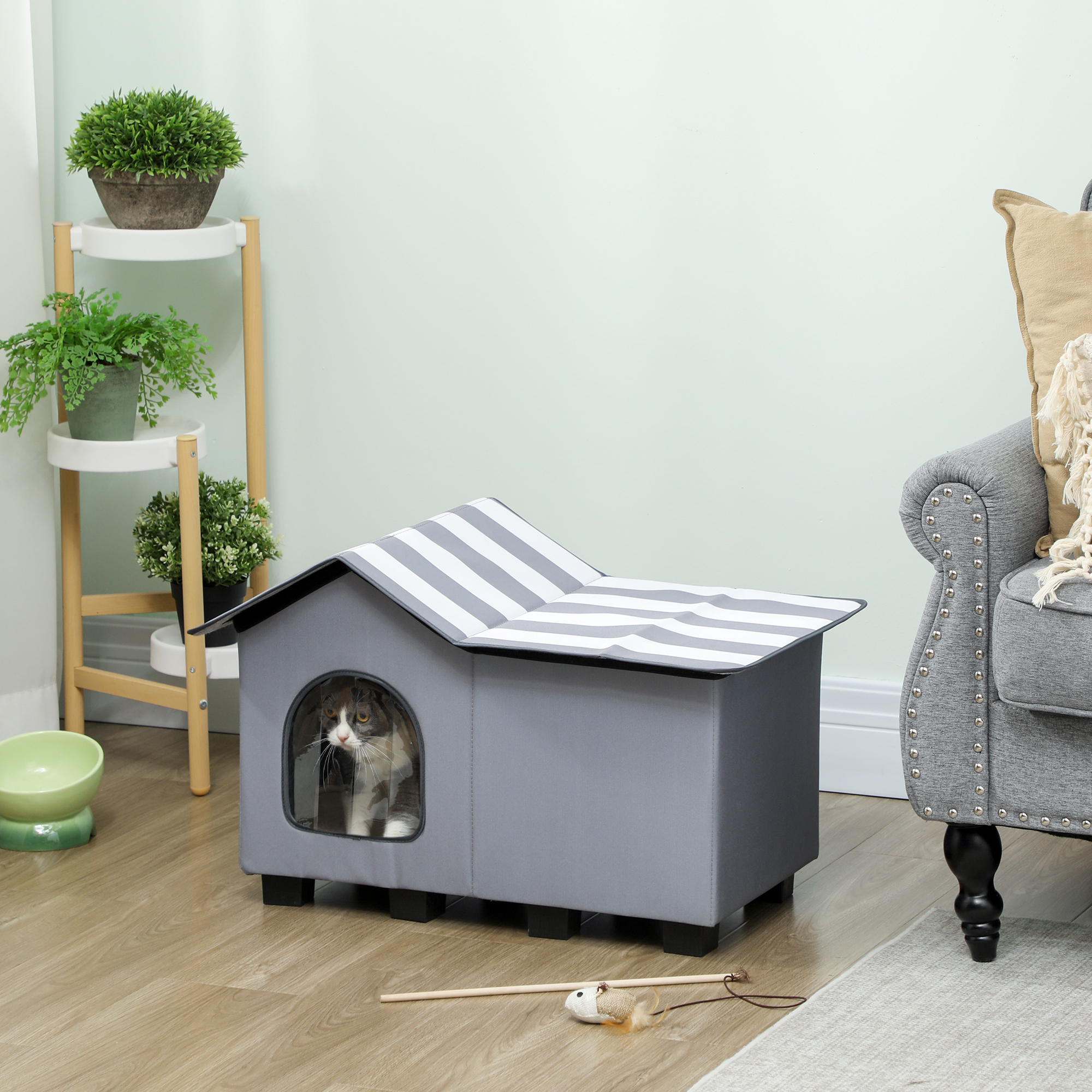 Outdoor Cat House, Weather Resistant Feral Cat Cave With Elevated Base And Cushion For Winter, Grey photo 1