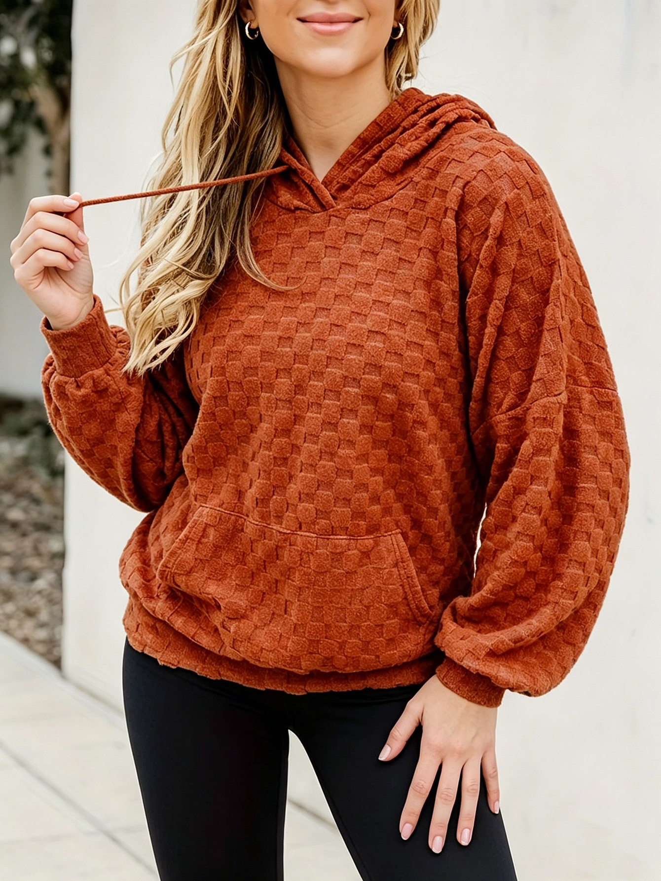Women Waffle Textured Hoodie Long Sleeve Lantern Sleeve Pullover Sweatshirt With Front Kangaroo Pocket Casual Top photo 5