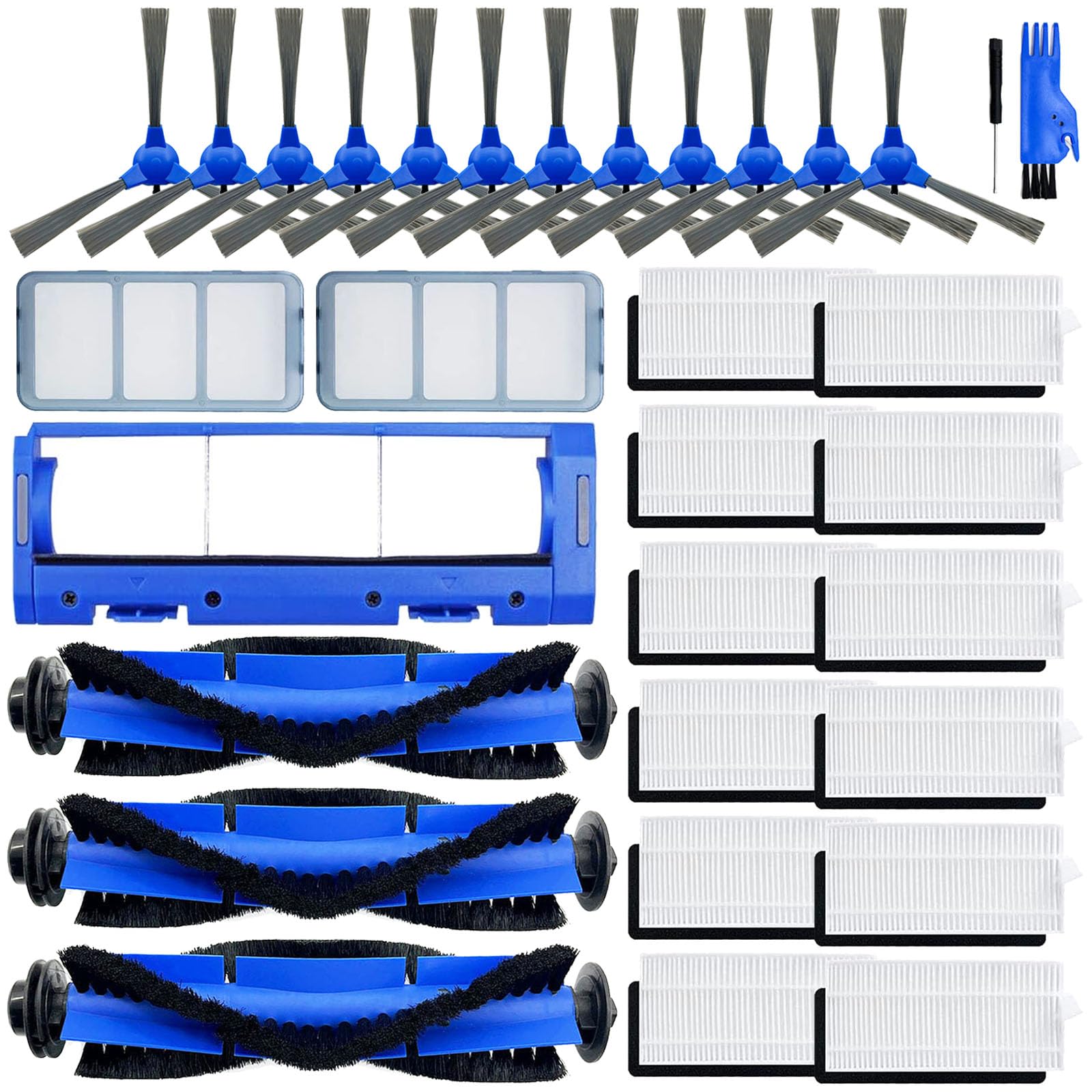 RoboVac 11S Replacement Part Compatible For Eufy RoboVac 11S, 15C, 30, 30C, 12, 35C, 25C, 15T Robotic Vacuums, 3 Rolling Brushes, 12 Filter Sets, 12 Side Brushes, 1 Rolling Brush Guard, 2 Pre Filters photo 1