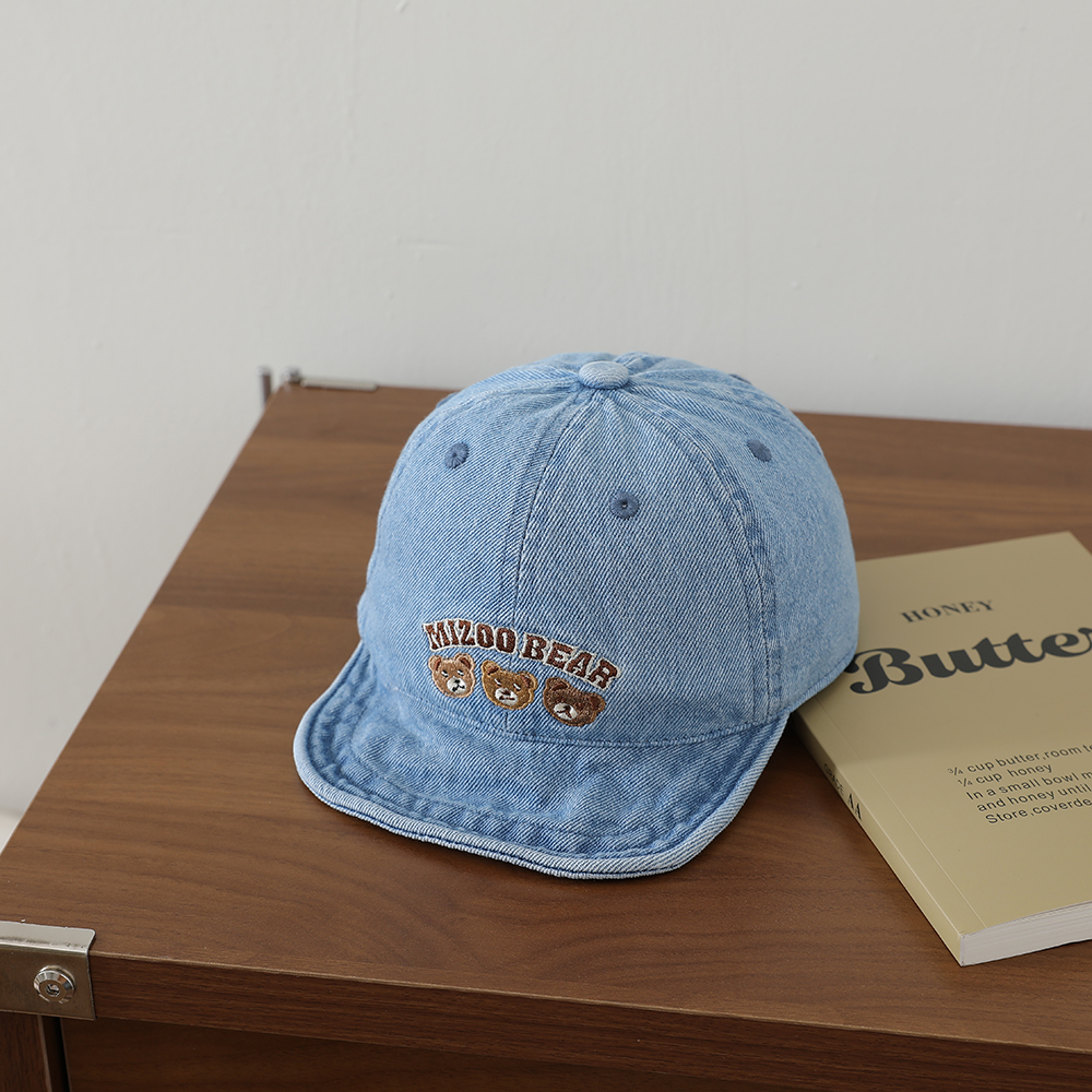 Baby Water Washed Denim Retro Beanie With Bear Embroidery And Soft Brim. Spring Autumn Outdoor Breathable Baseball Cap photo 3